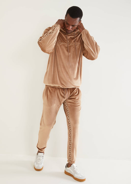 Men's Velvet Solid Beige Pull Over Sweat Suit | SETS