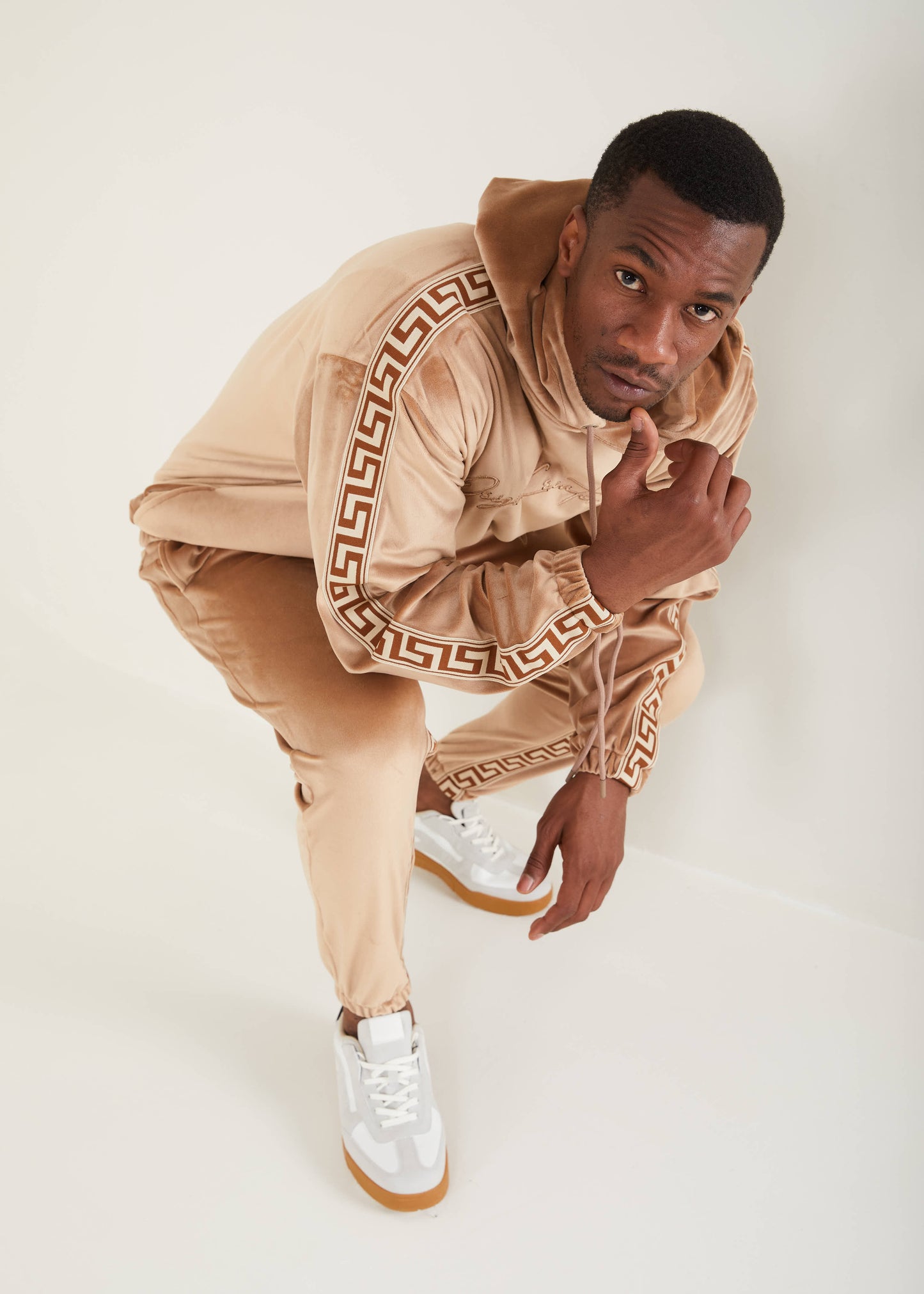 Men's Velvet Solid Beige Pull Over Sweat Suit | SETS