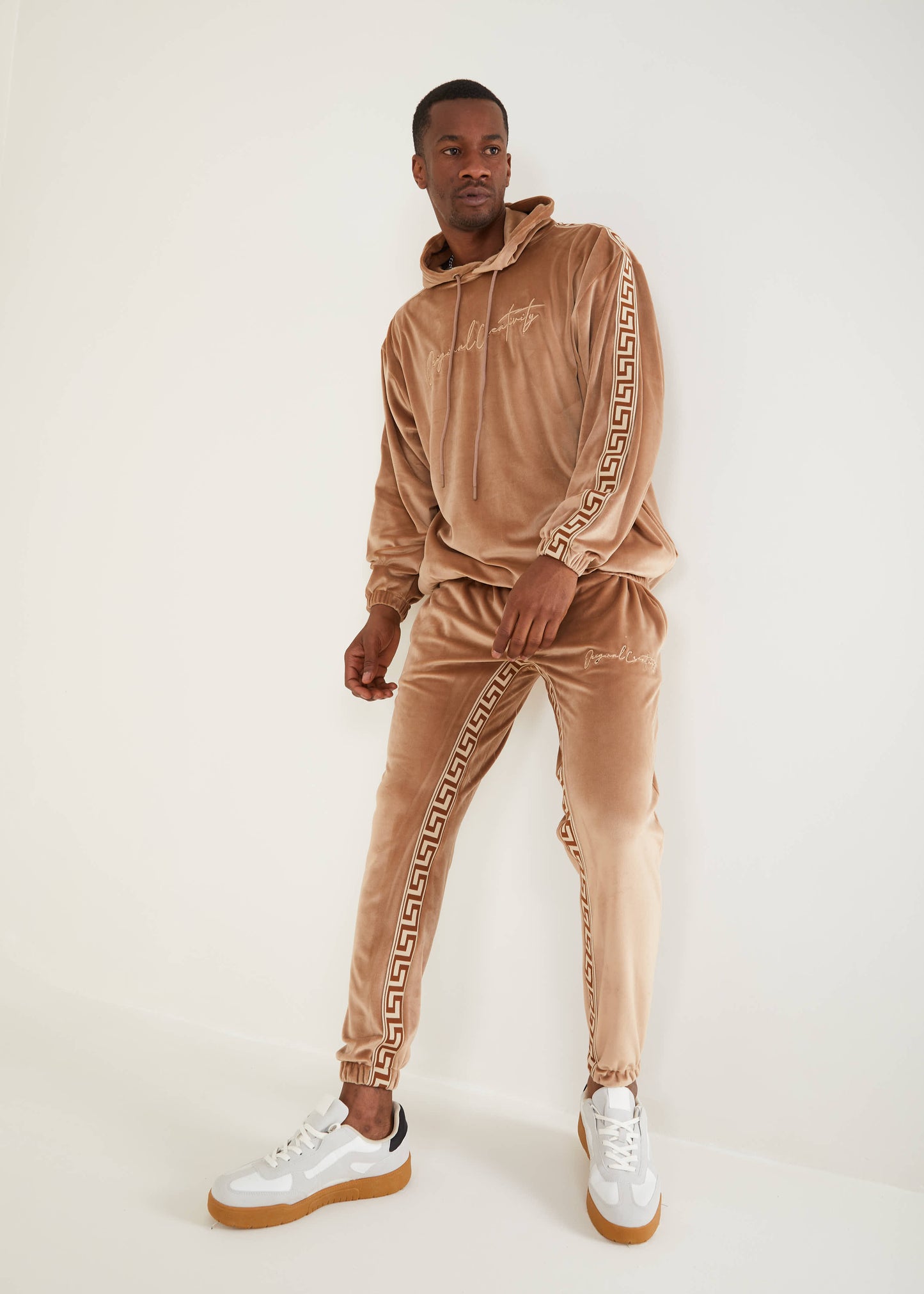 Men's Velvet Solid Beige Pull Over Sweat Suit | SETS