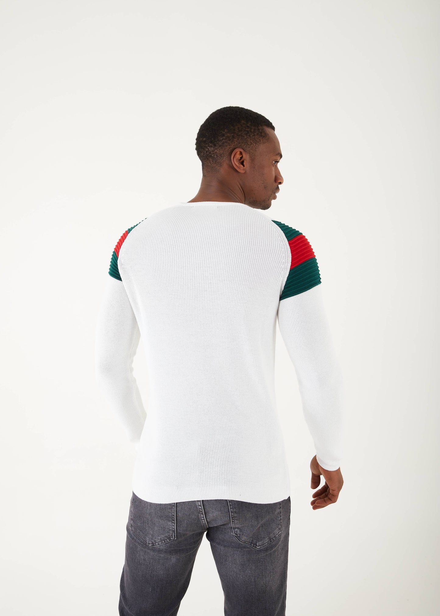 Men's Slim Fit White Sweater |  Green & Red Shoulder Pads