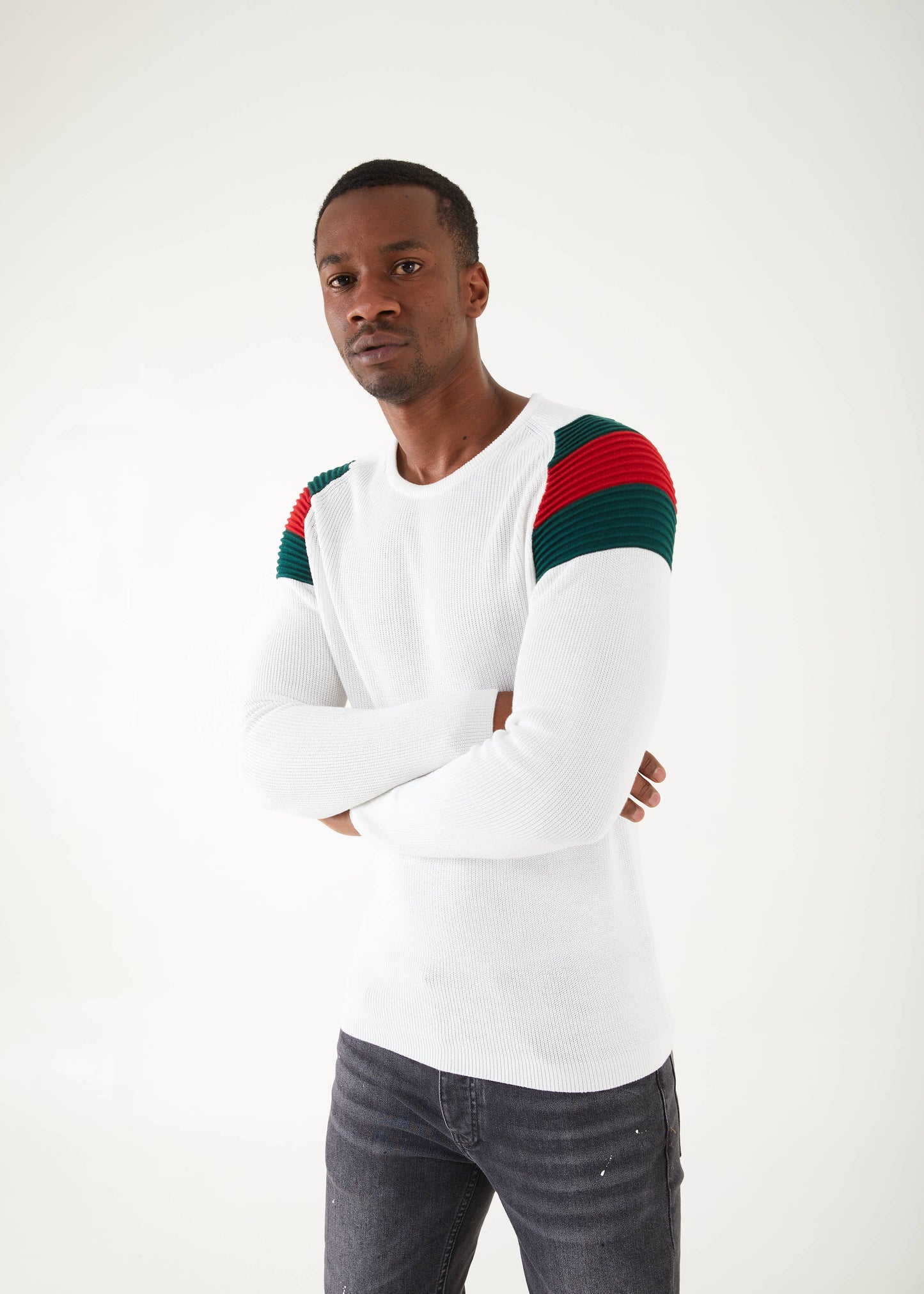 Men's Slim Fit White Sweater |  Green & Red Shoulder Pads