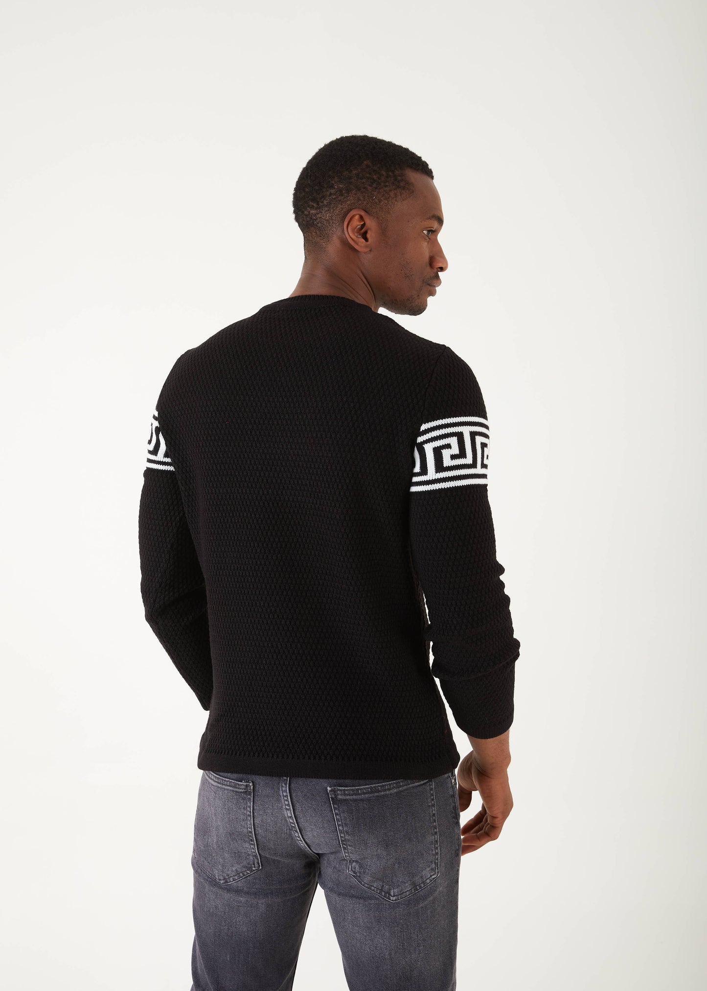 Men's Slim Fit Black Sweater | White Meander Print