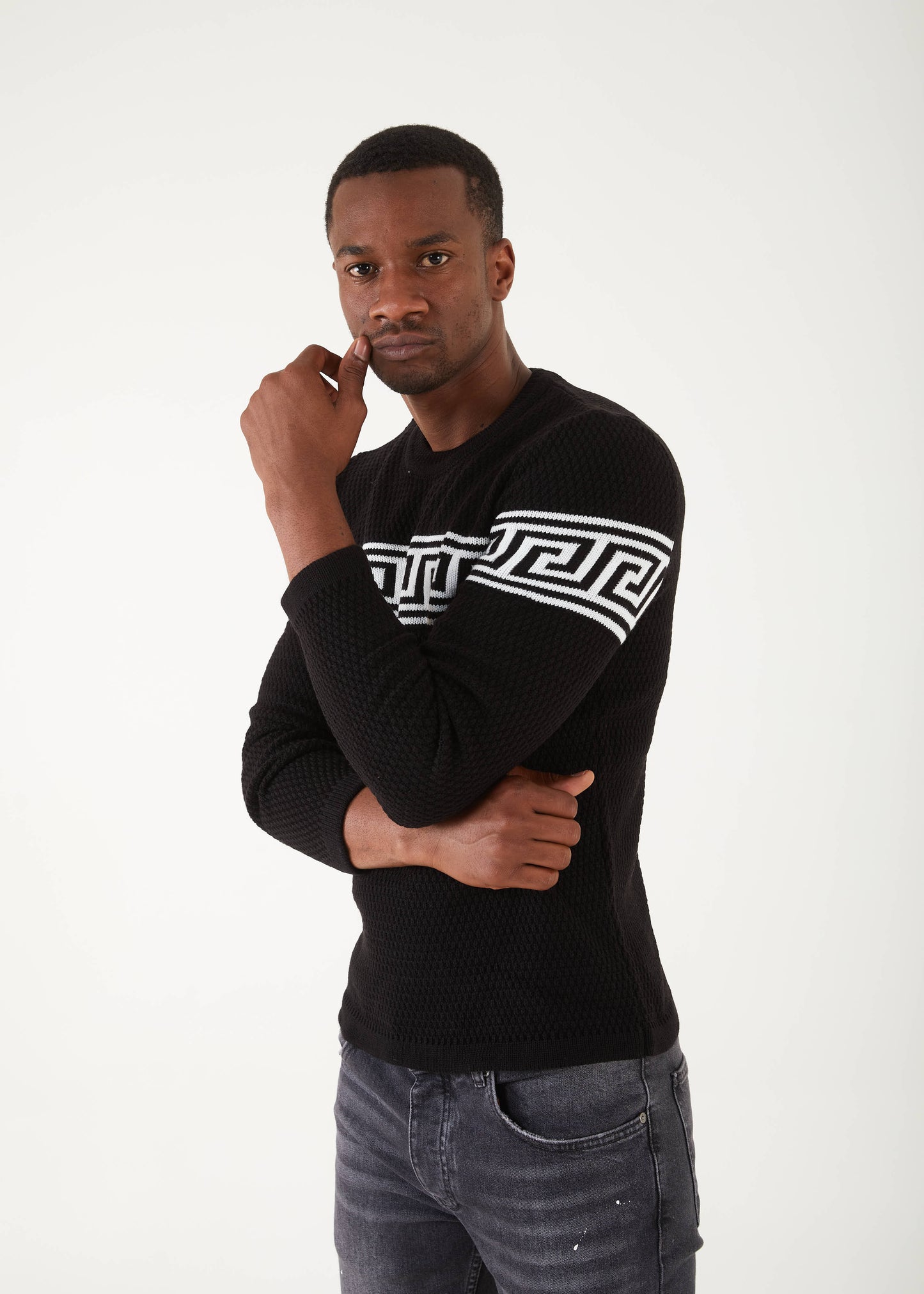 Men's Slim Fit Black Sweater | White Meander Print