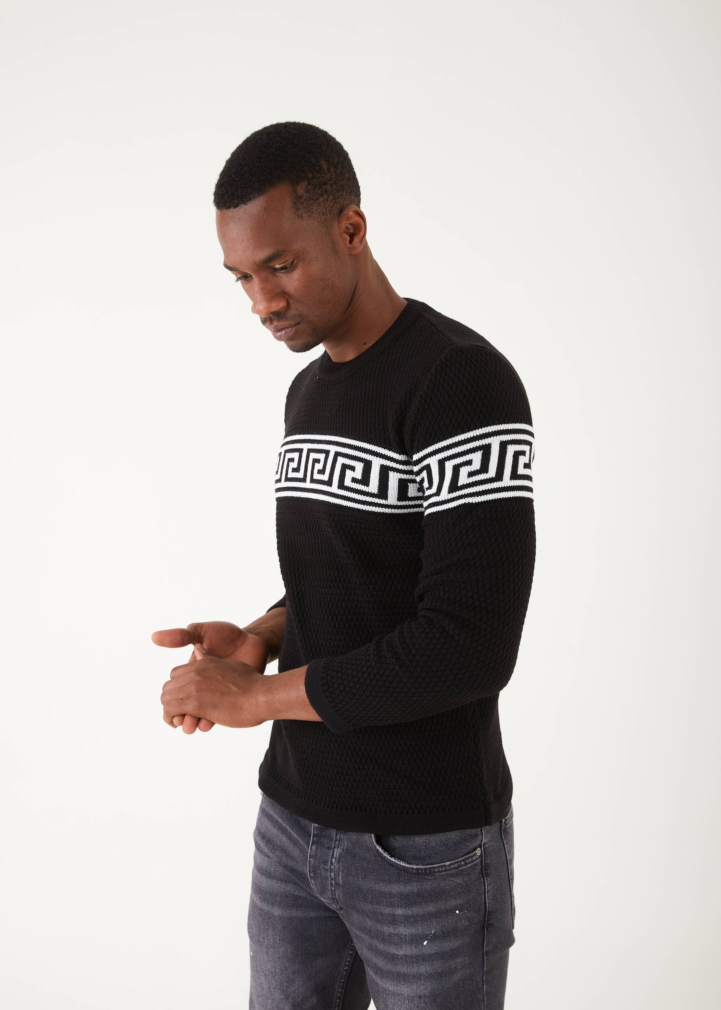 Men's Slim Fit Black Sweater | White Meander Print
