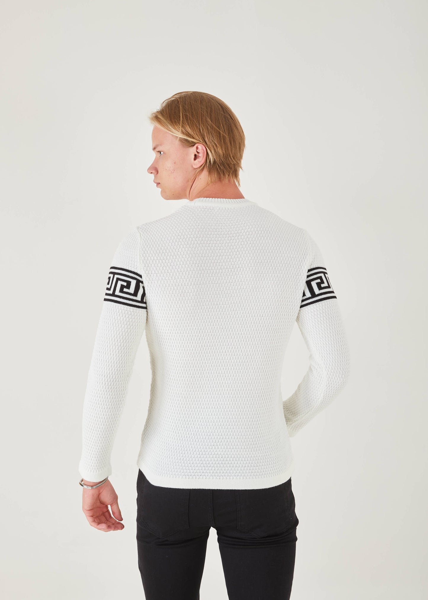 Men's Slim Fit White Sweater | Black Meander Print