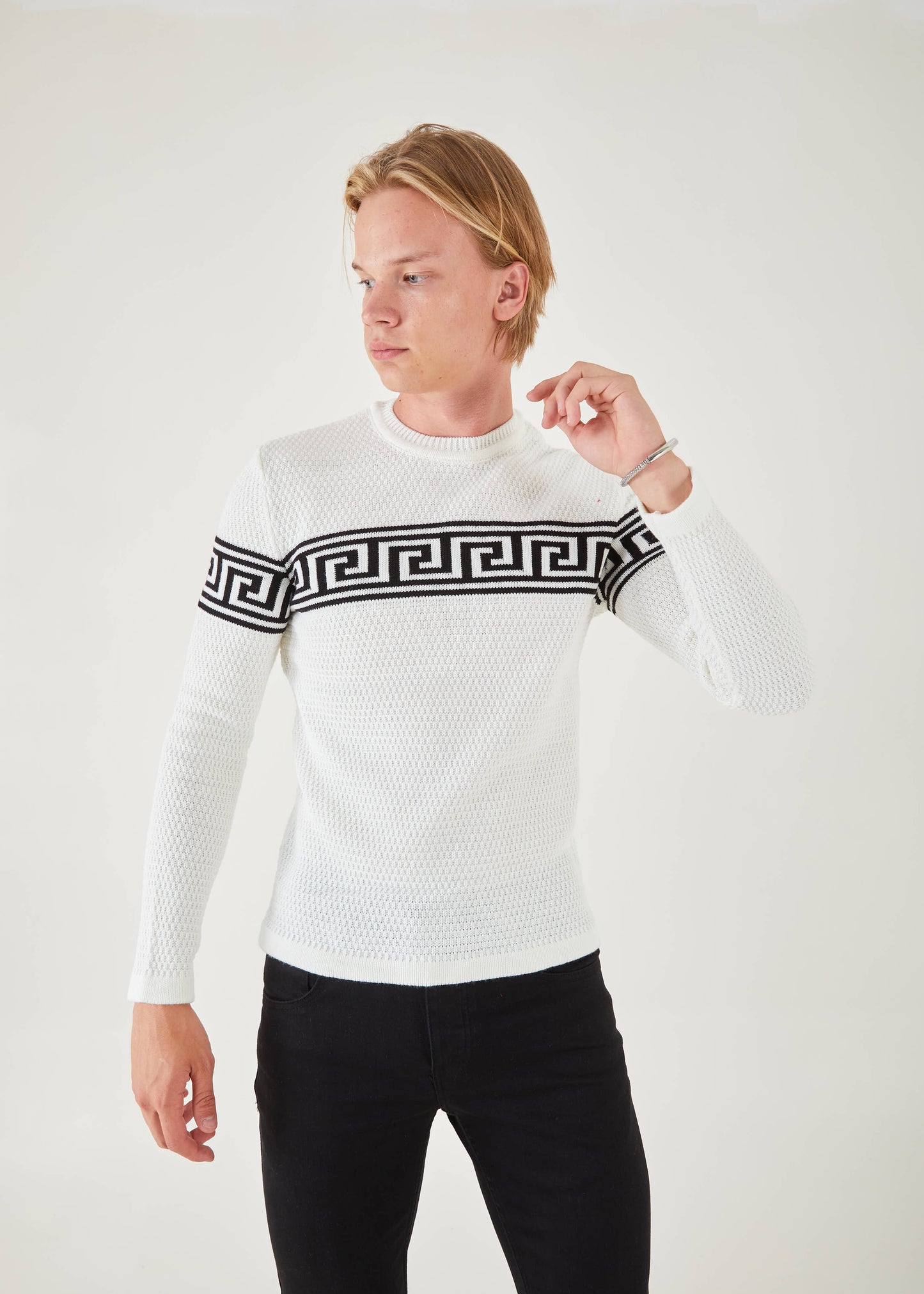 Men's Slim Fit White Sweater | Black Meander Print
