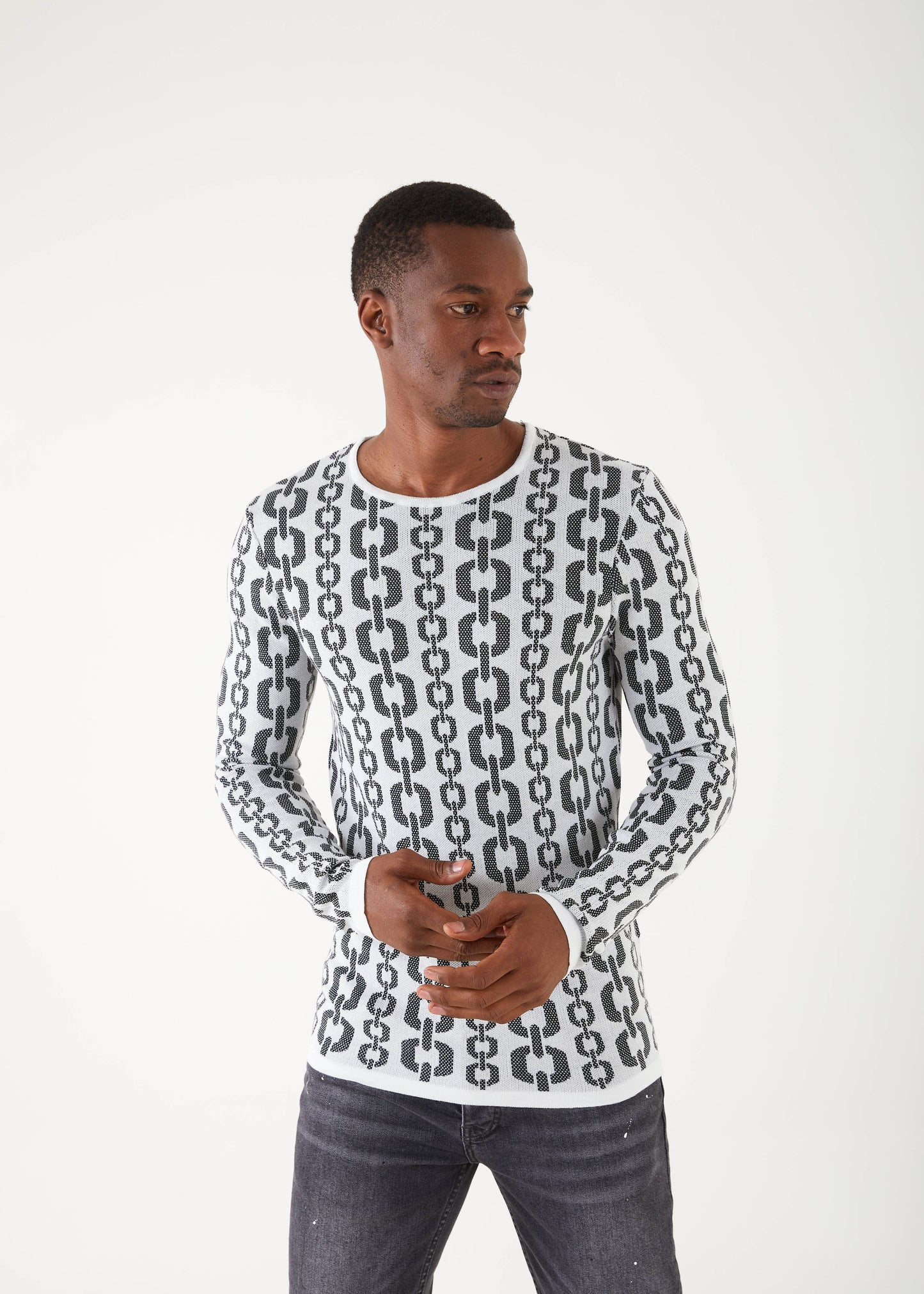 Men's Slim Fit White Sweater | Chains Downwards