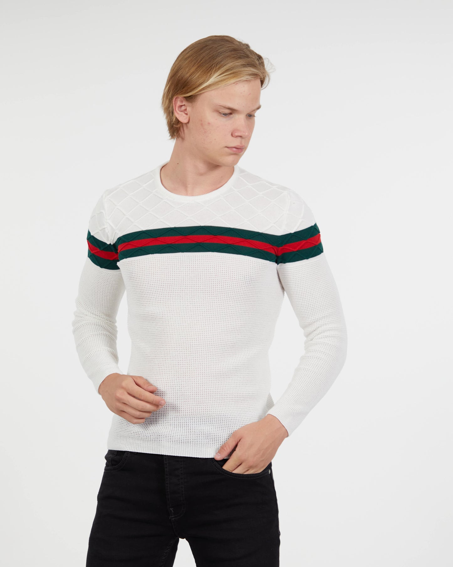 Men's Slim Fit White Sweater | Red & Green Stripe