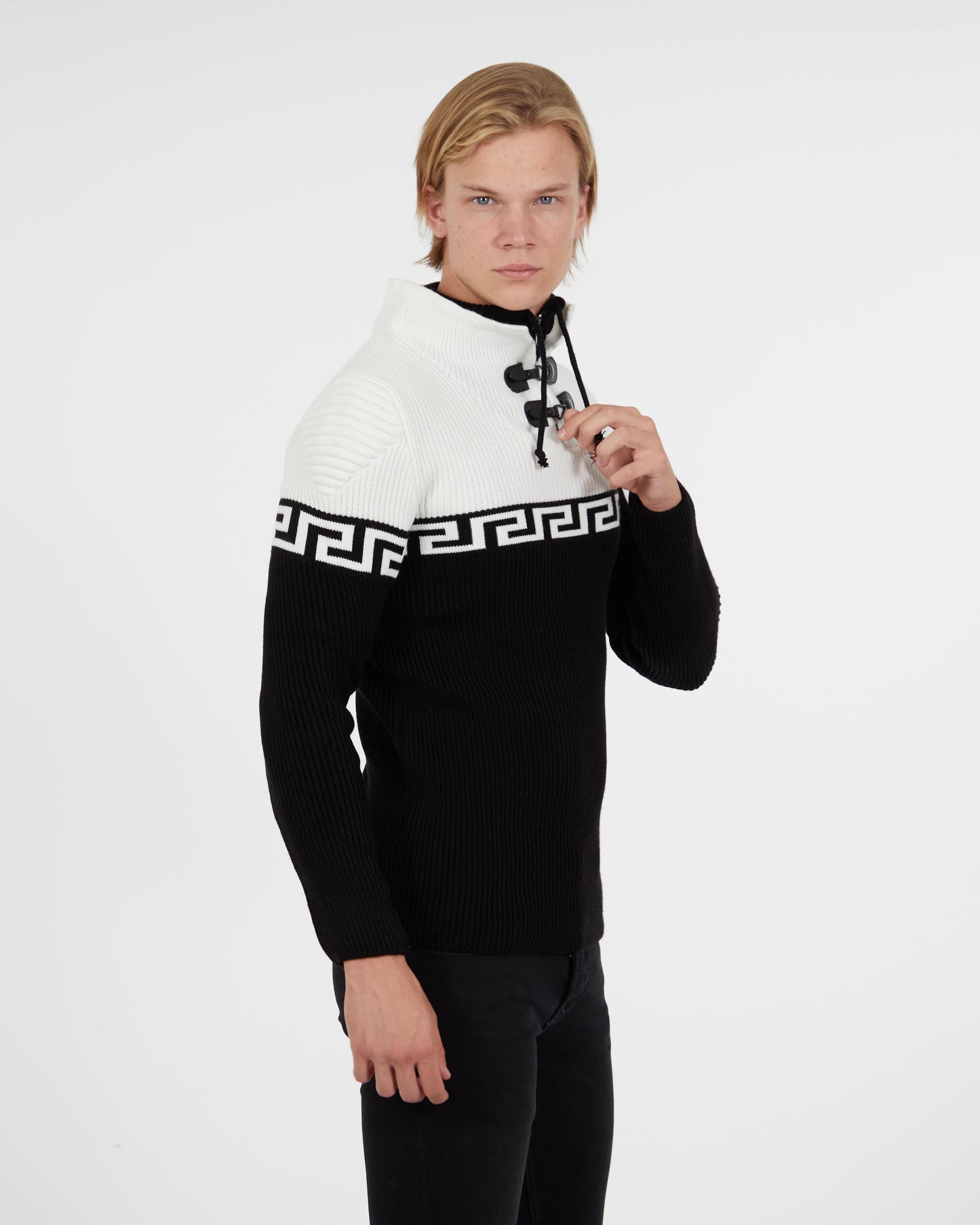 Men's Black & White Pullover Sweater | Meander Print