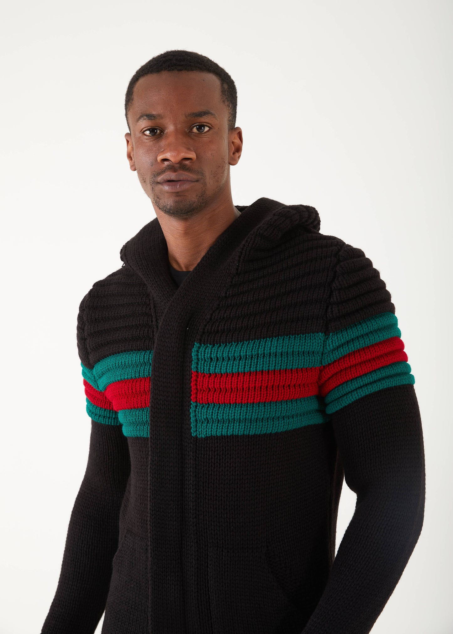 Men's Black with Green & Red Stripe Long Sweaters | Hoodie