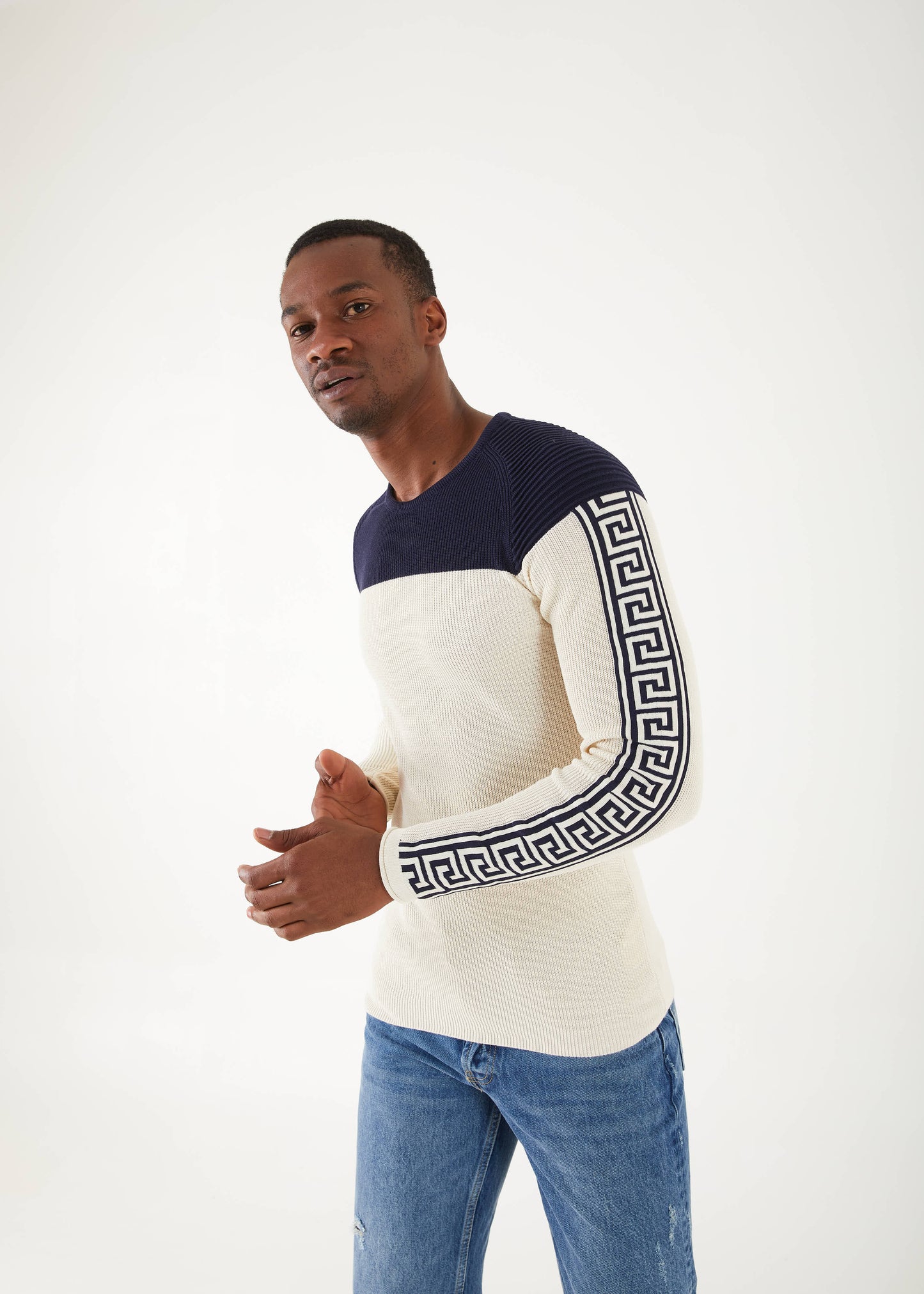 Men's Slim Fit White Sweater | QT Navy