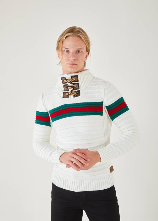 Men's White Pullover Sweater | Green & Red Stripe