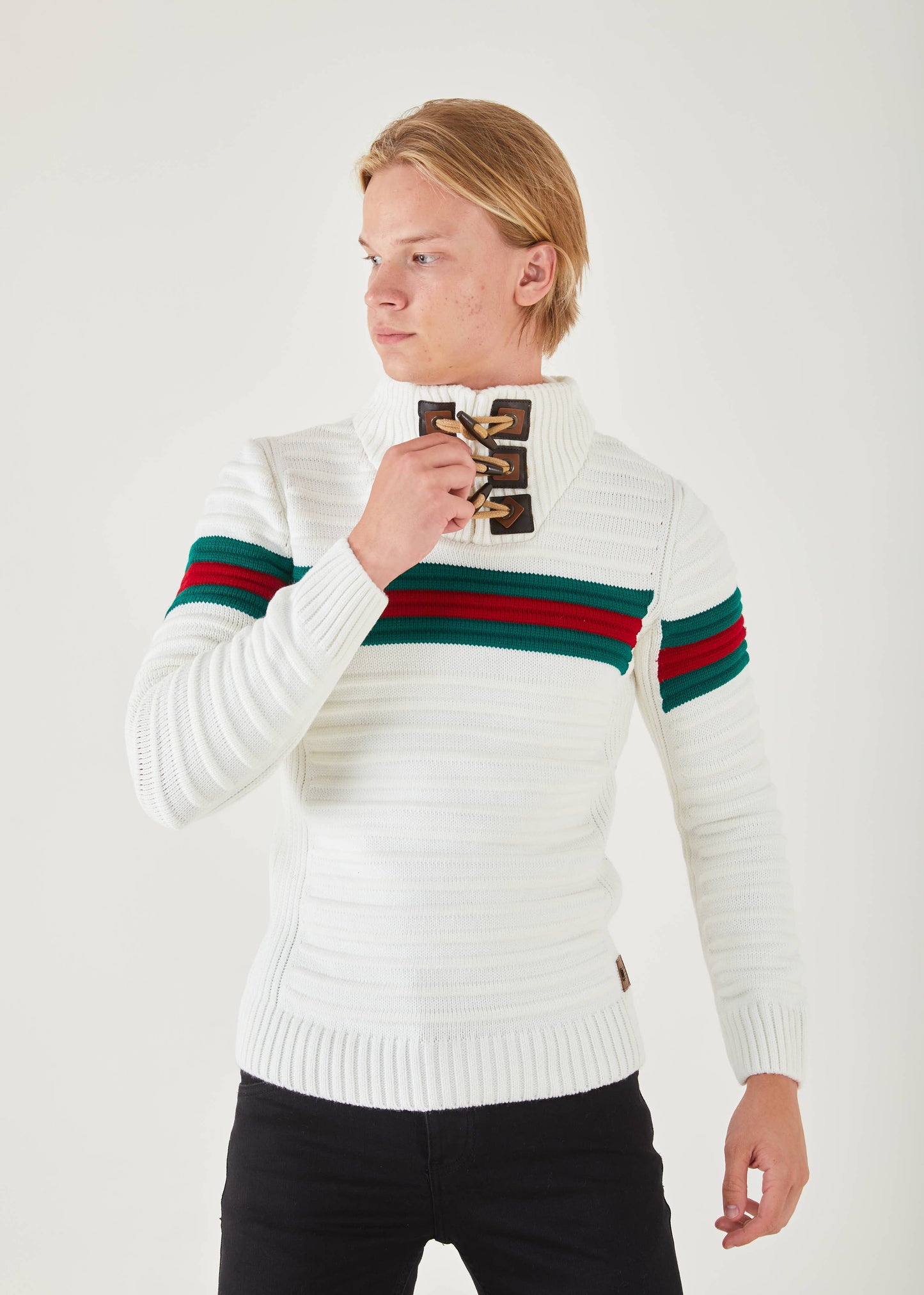 Men's White Pullover Sweater | Green & Red Stripe