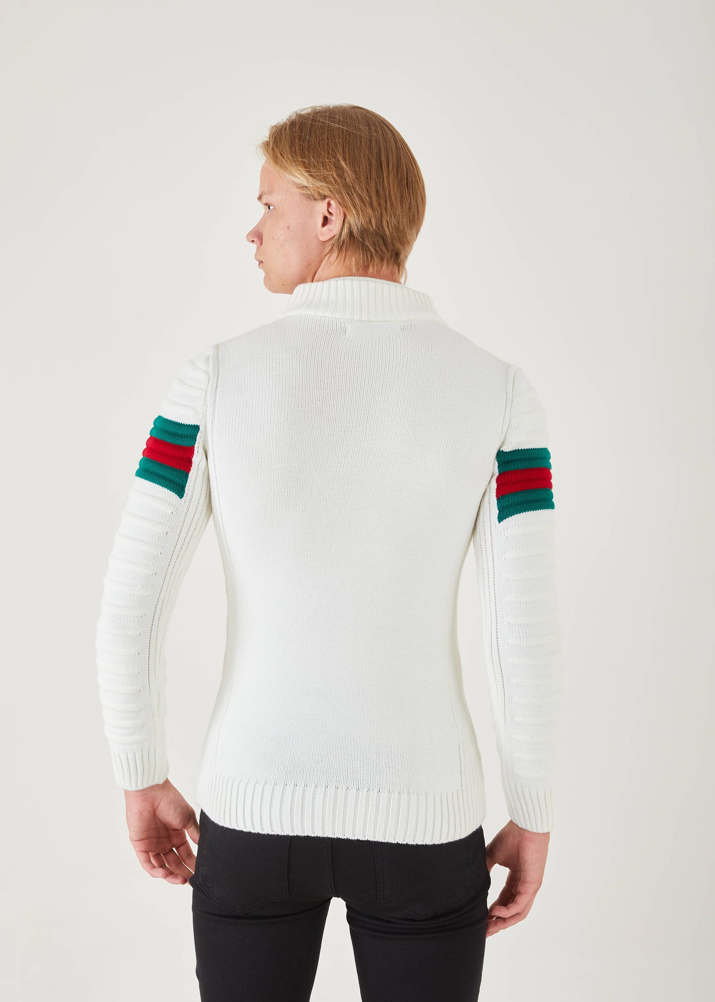 Men's White Pullover Sweater | Green & Red Stripe