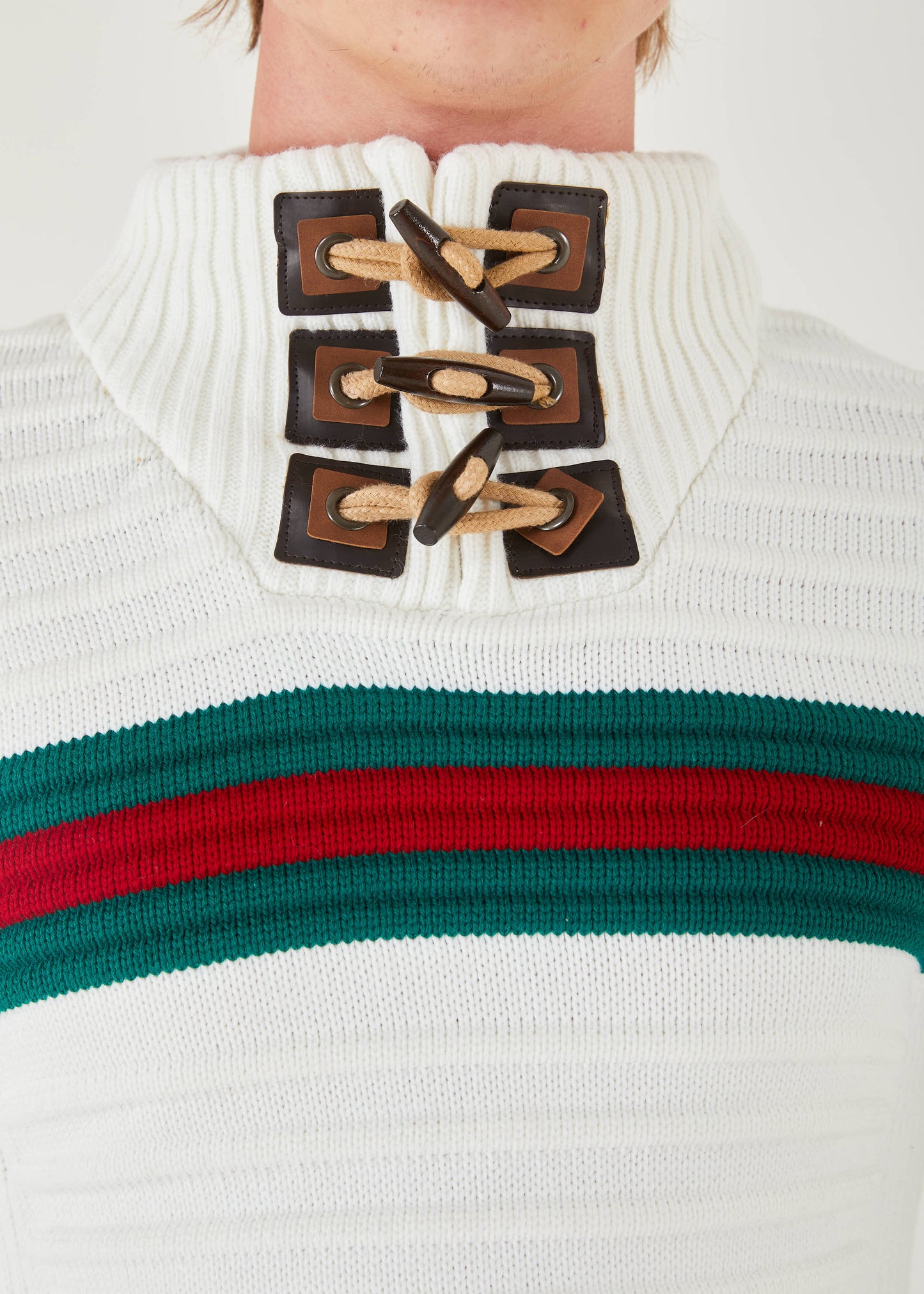 Men's White Pullover Sweater | Green & Red Stripe