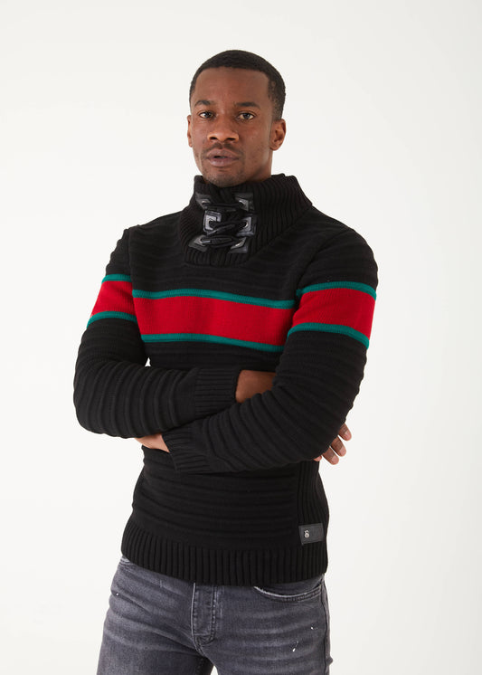 Men's Black Pullover Sweater | Green & Red Stripe