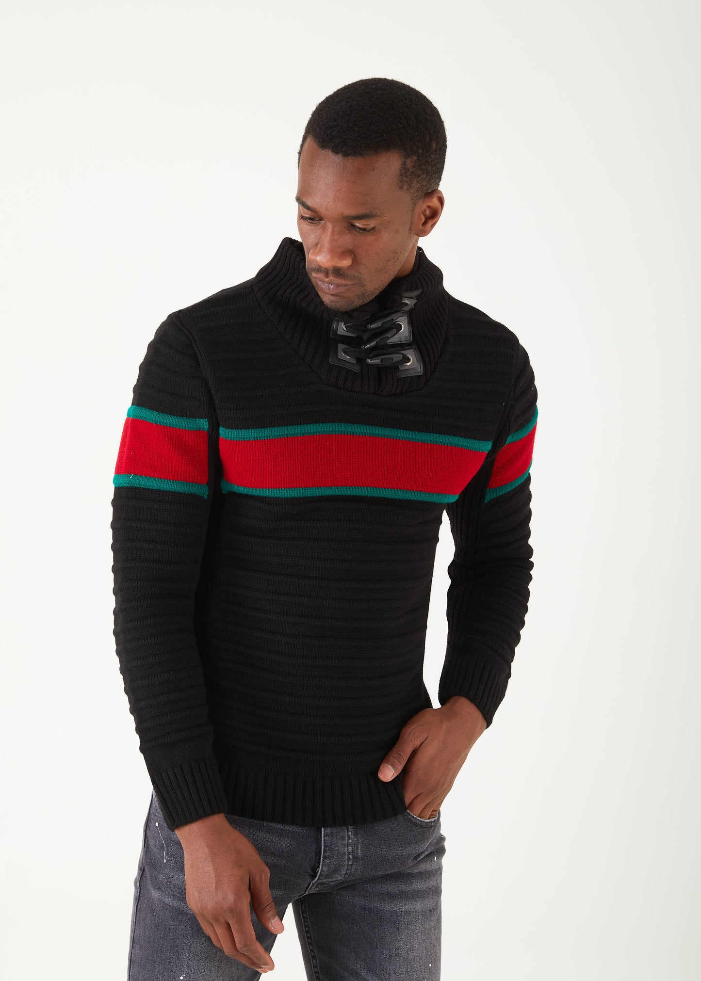 Men's Black Pullover Sweater | Green & Red Stripe
