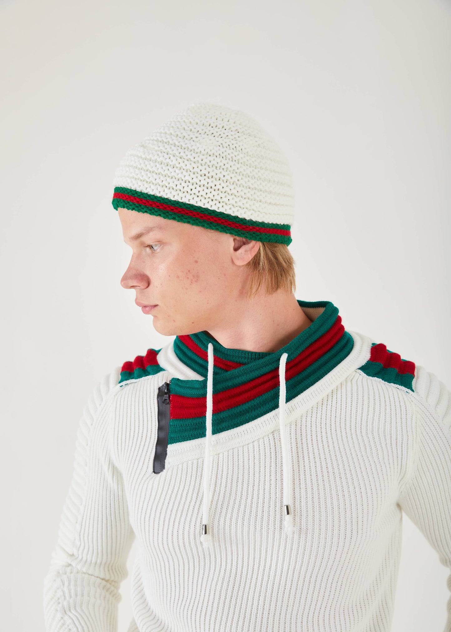 Men's White Pullover Sweater | Green & Red Stripe Collar