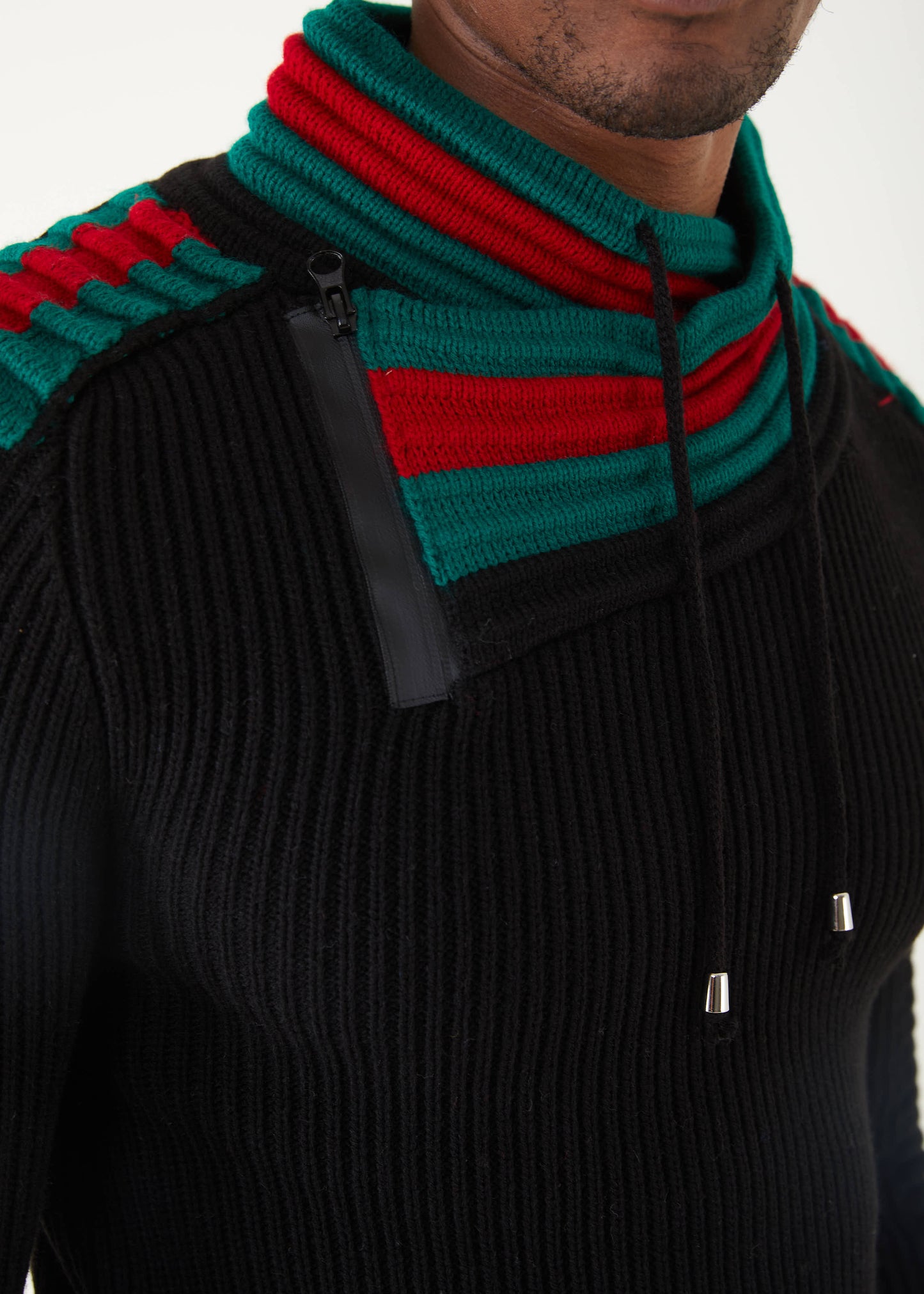 Men's Black Pullover Sweater | Green & Red Stripe Collar
