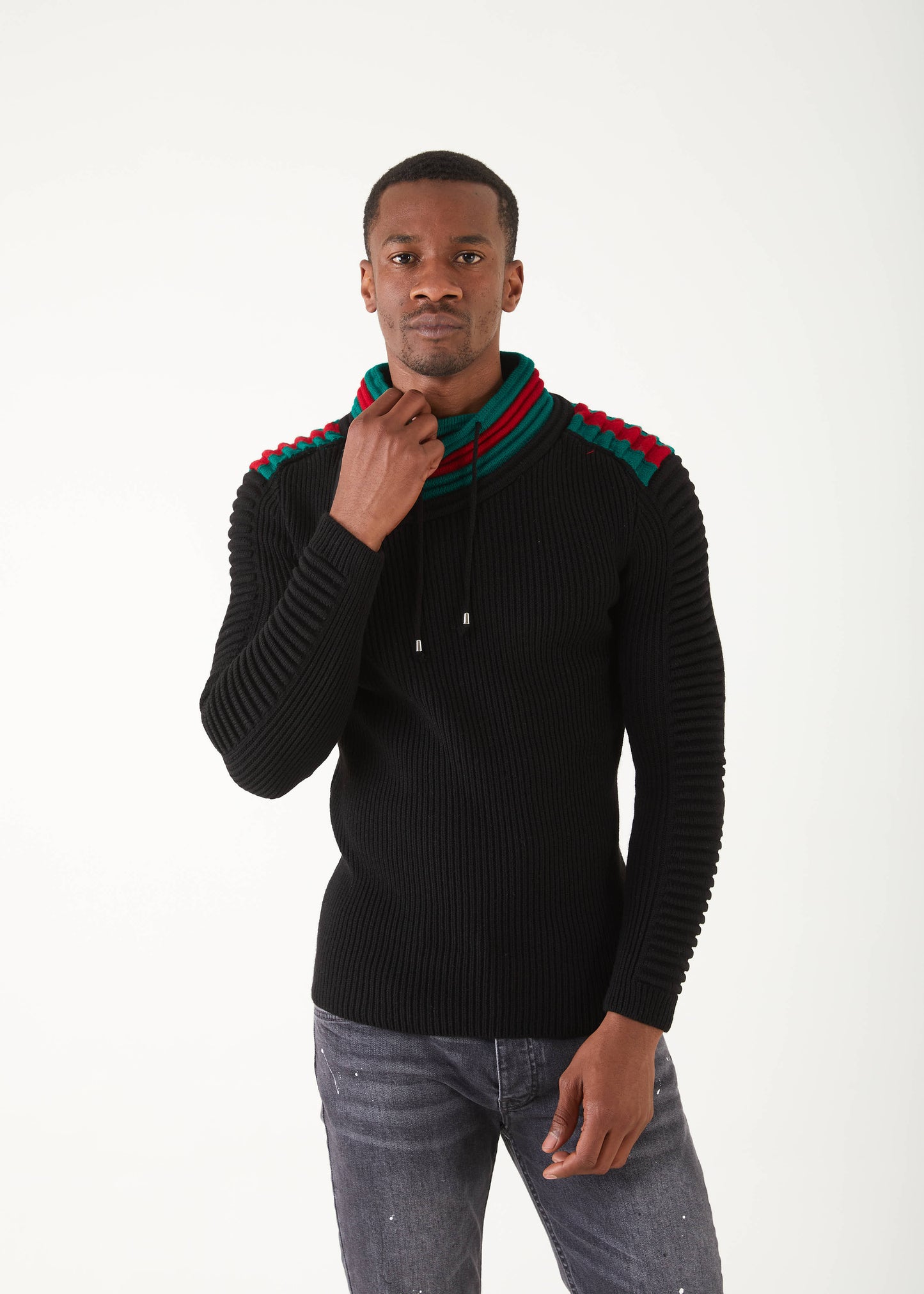 Men's Black Pullover Sweater | Green & Red Stripe Collar