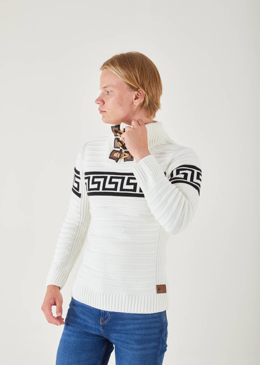 Men's White & Black Stripe Pullover Sweater | Meander Print