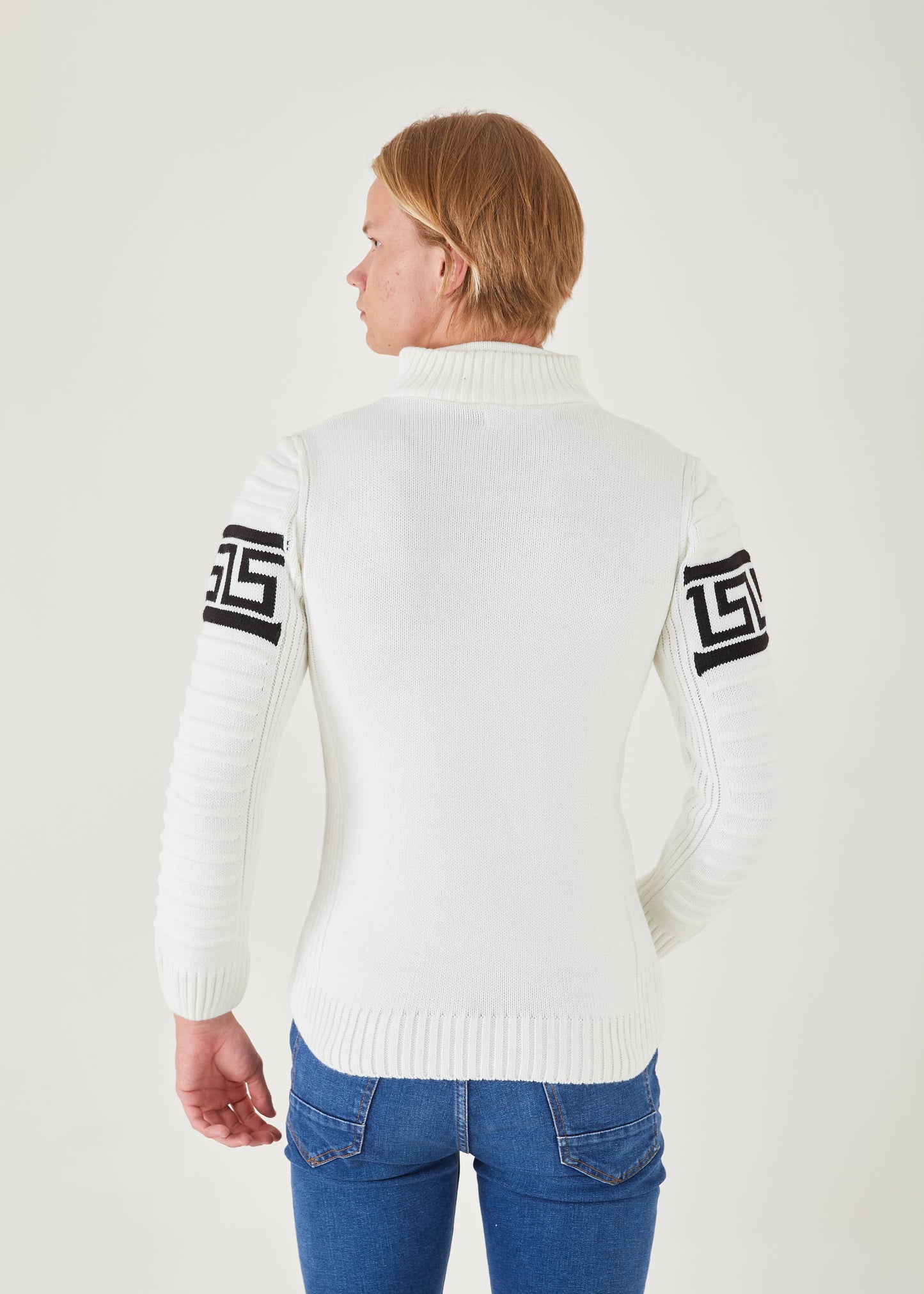 Men's White & Black Stripe Pullover Sweater | Meander Print