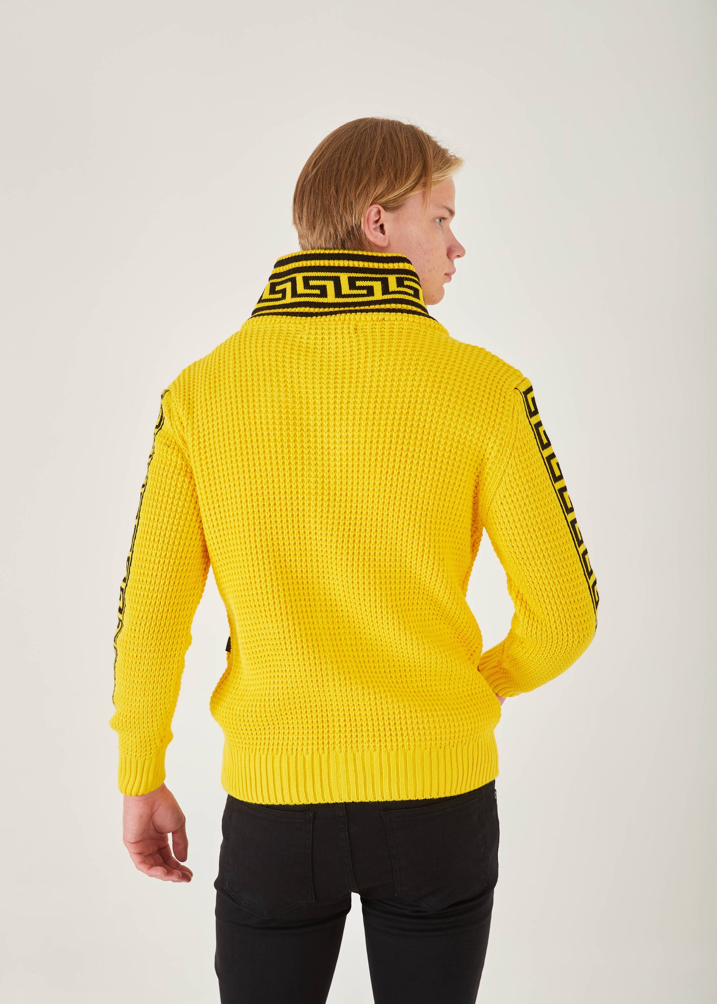 Men's Yellow Button Up Sweater | Meander Print
