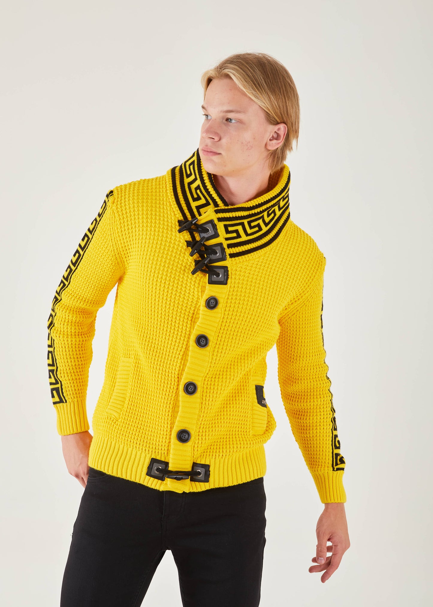 Men's Yellow Button Up Sweater | Meander Print