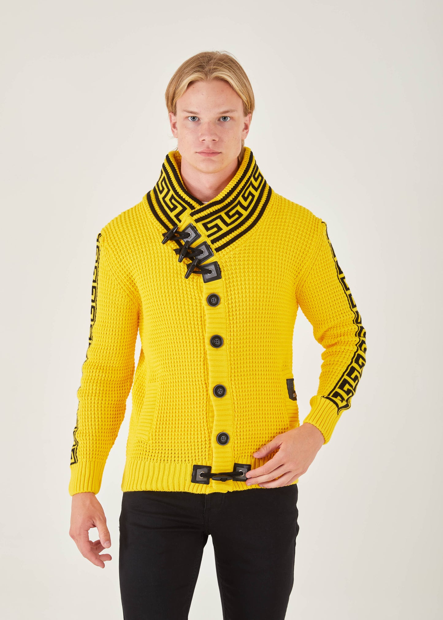 Men's Yellow Button Up Sweater | Meander Print