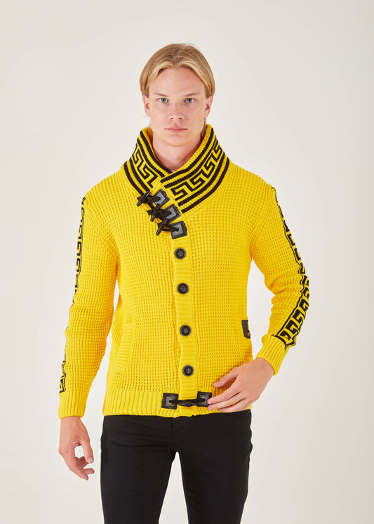 Men's Yellow Button Up Sweater | Meander Print