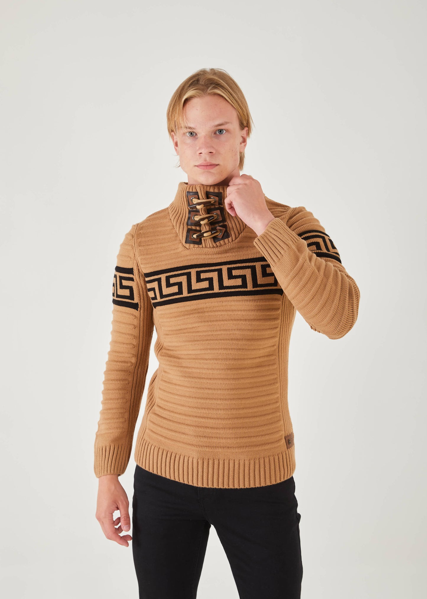 Men's Khaki Stripe Pullover Sweater | Meander Print
