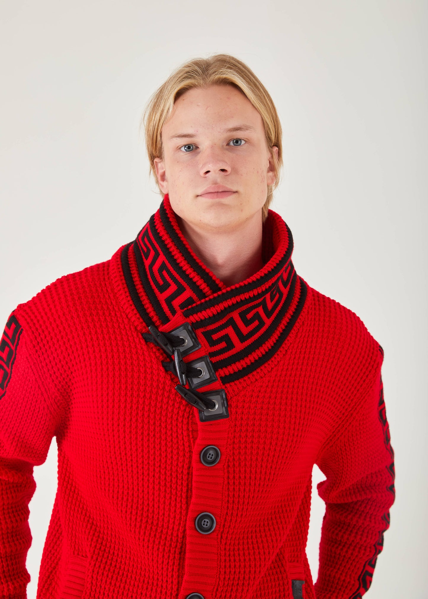 Men's Red Button Up Sweater | Meander Print