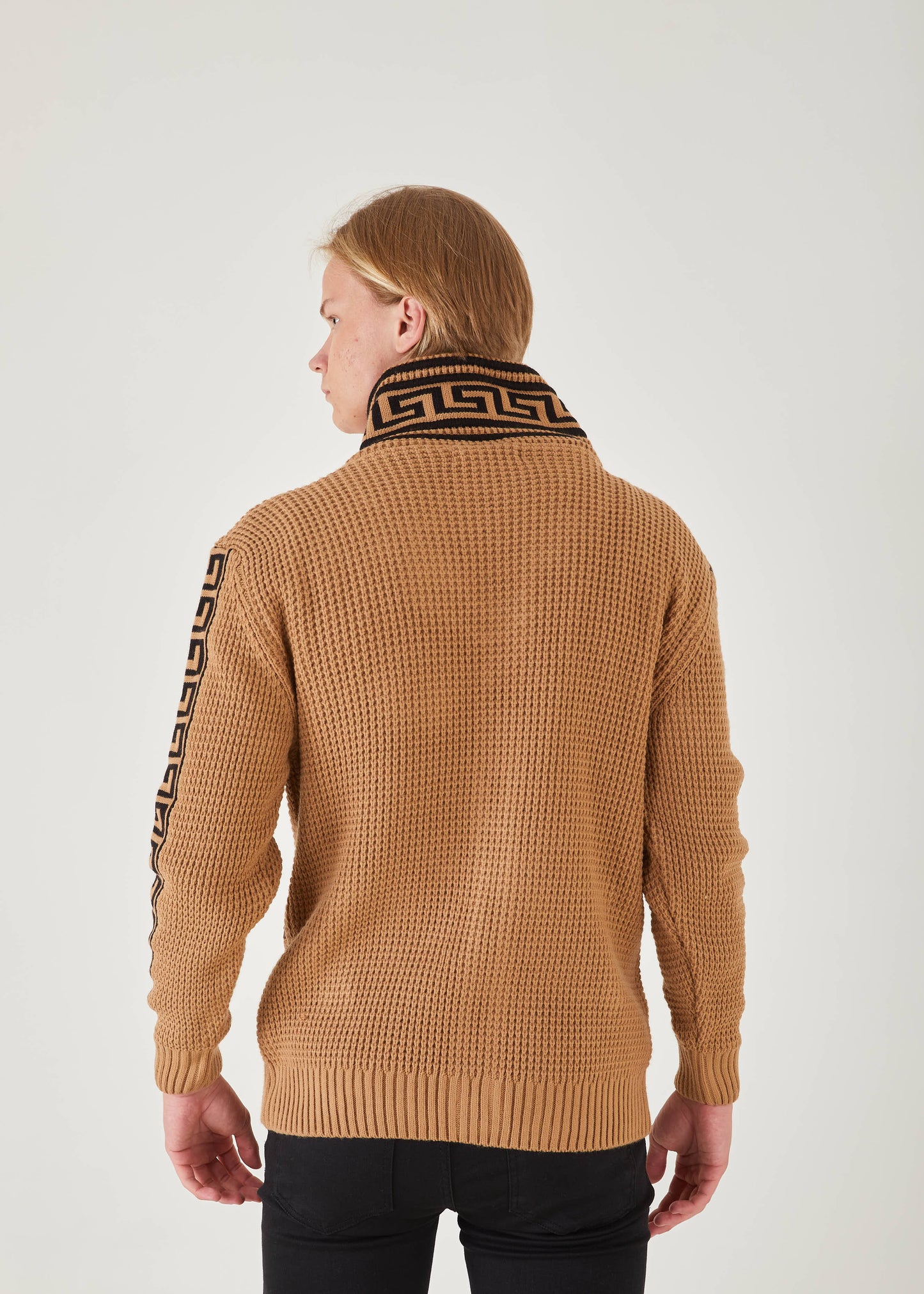 Men's Khaki Button Up Sweater | Meander Print