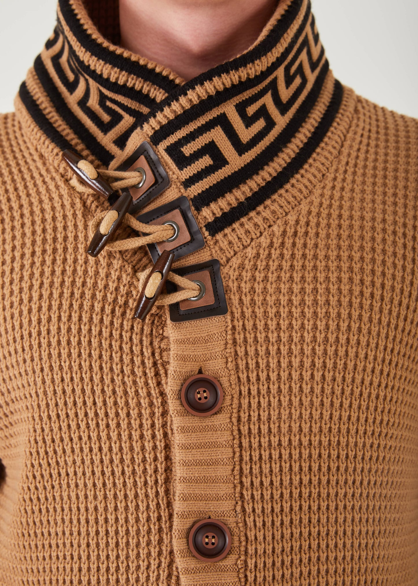 Men's Khaki Button Up Sweater | Meander Print