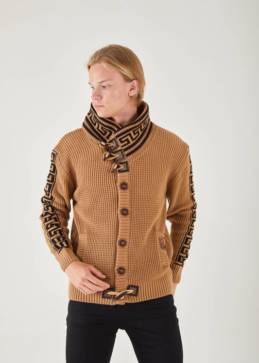 Men's Khaki Button Up Sweater | Meander Print