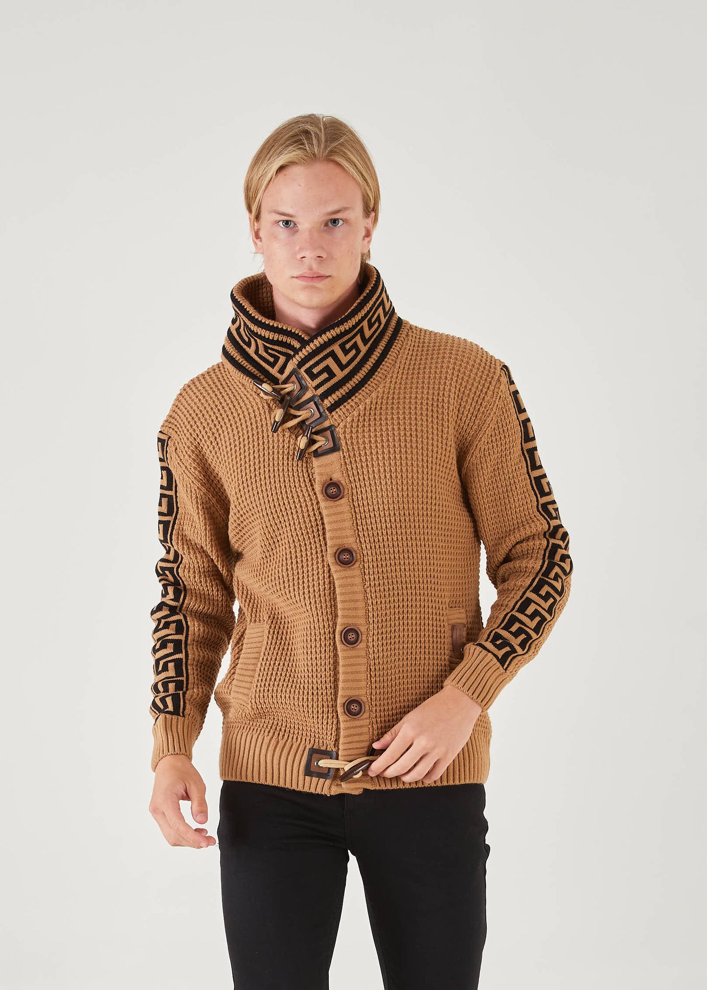 Men's Khaki Button Up Sweater | Meander Print