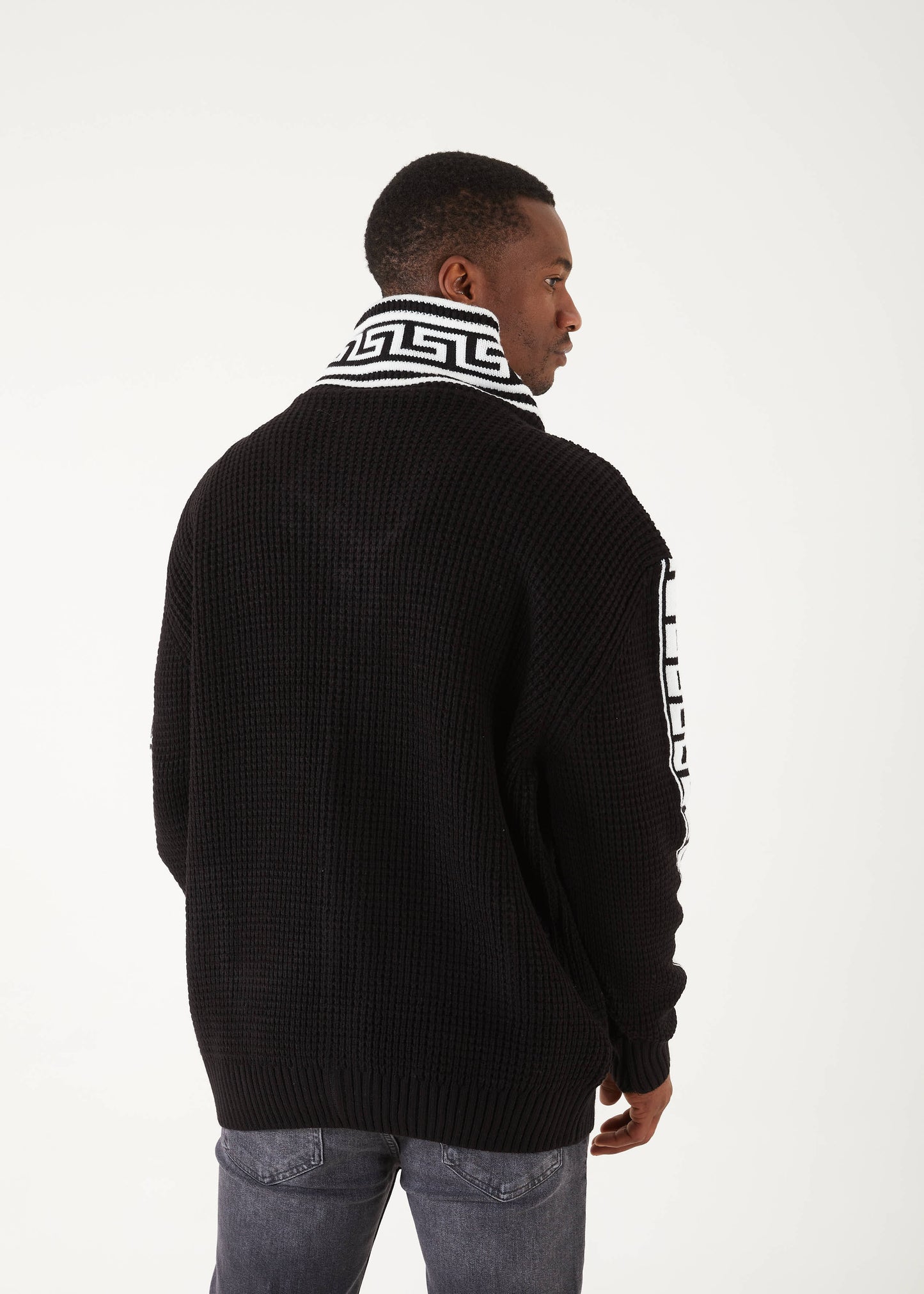 Men's Black Button Up Sweater | Meander Print