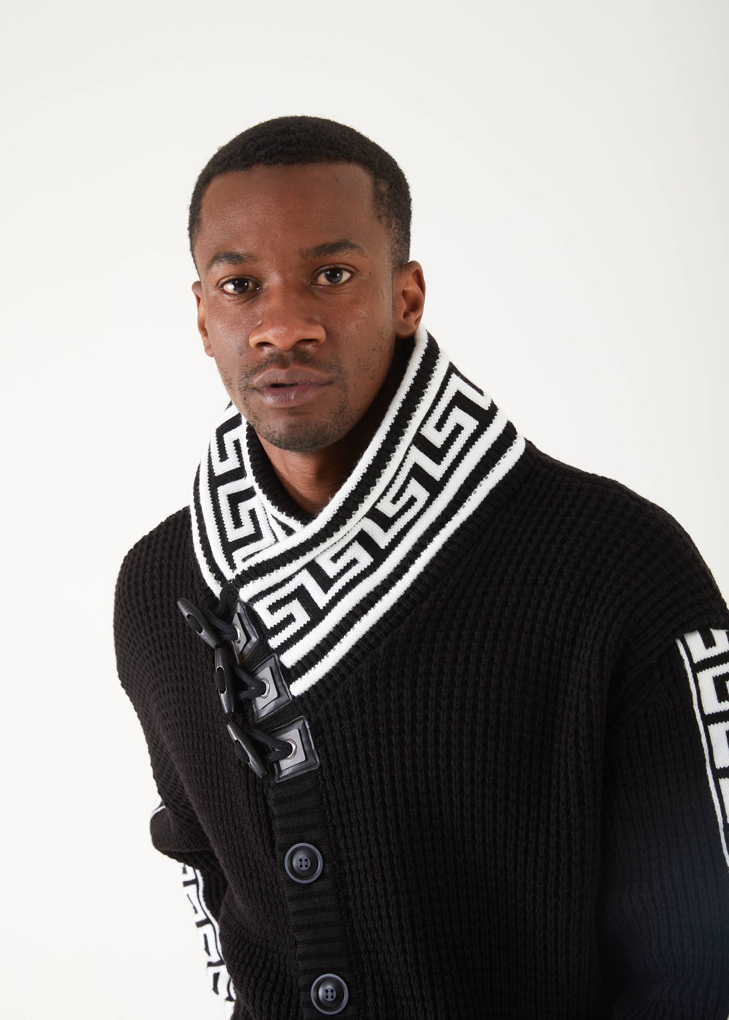 Men's Black Button Up Sweater | Meander Print