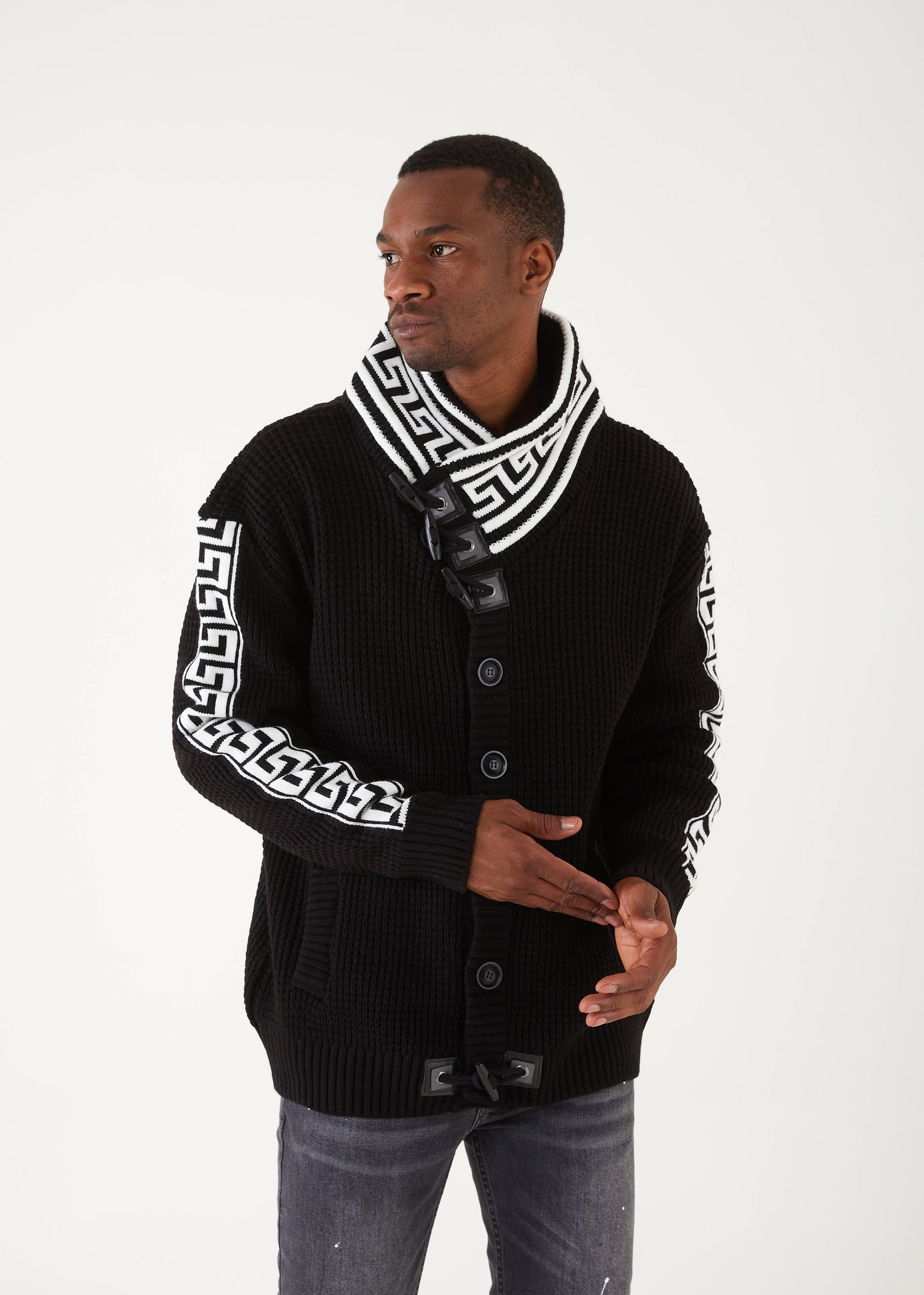 Men's Black Button Up Sweater | Meander Print