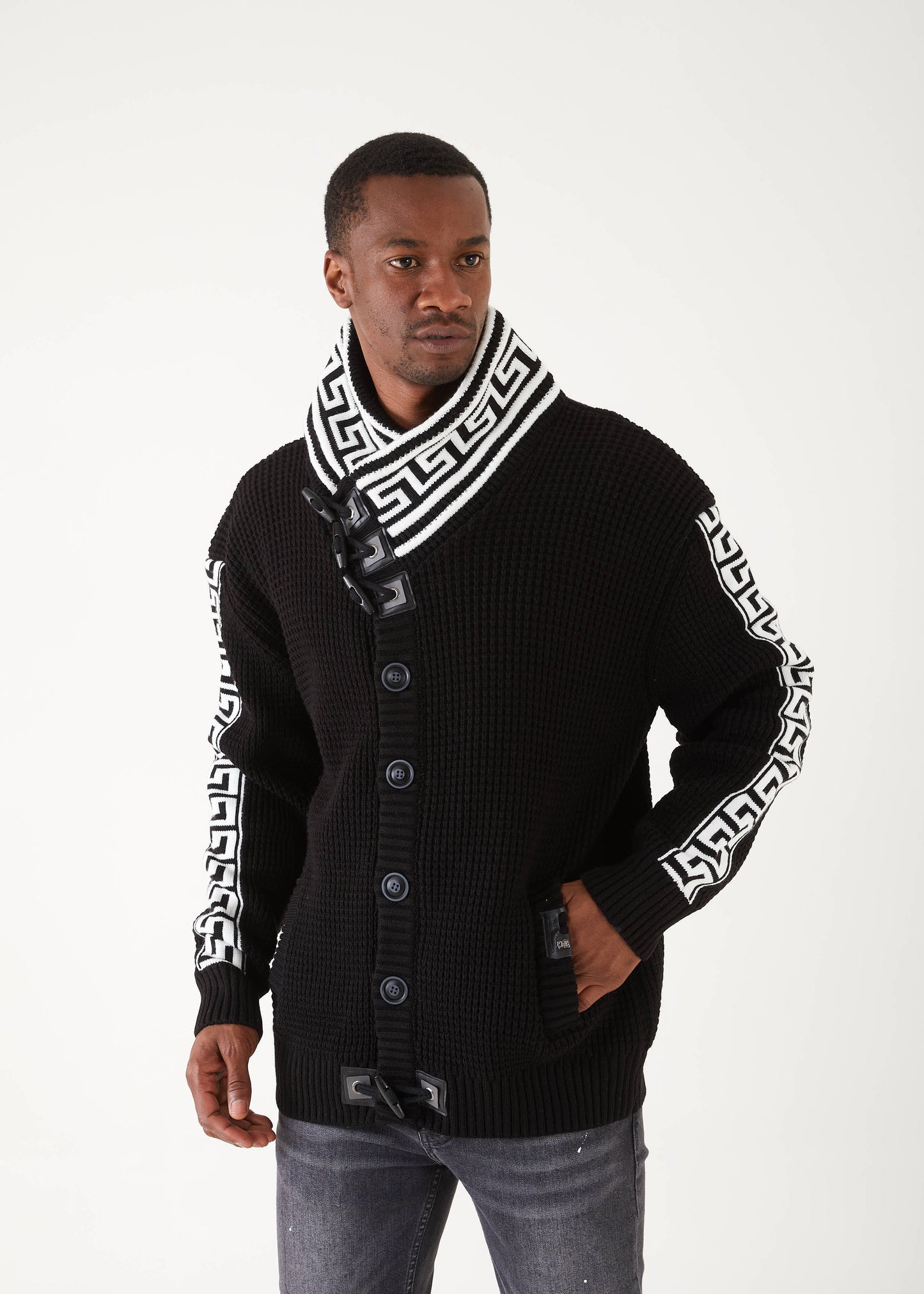 Men's Black Button Up Sweater | Meander Print