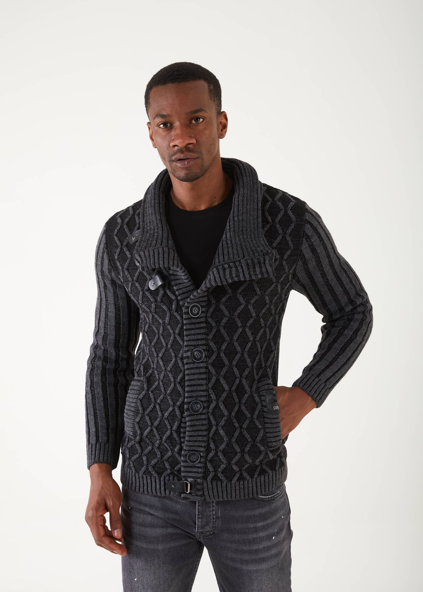 Men's Grey Button Up Sweater | Diamond Print