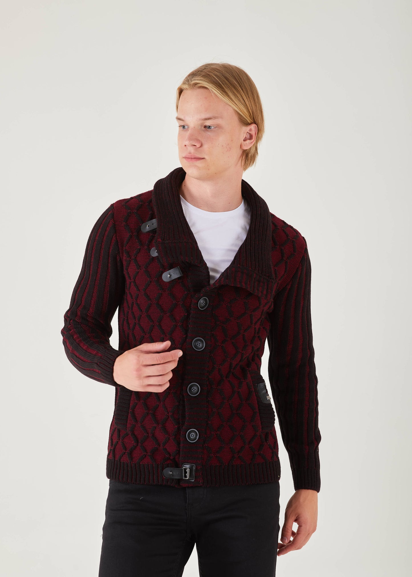Men's Burgundy Button Up Sweater | Diamond Print