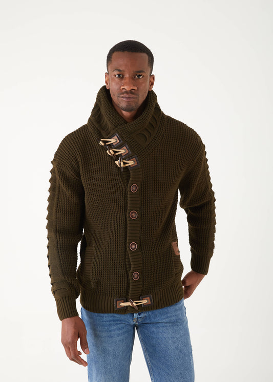 Men's Olive Button Up Sweater | Solid Striped