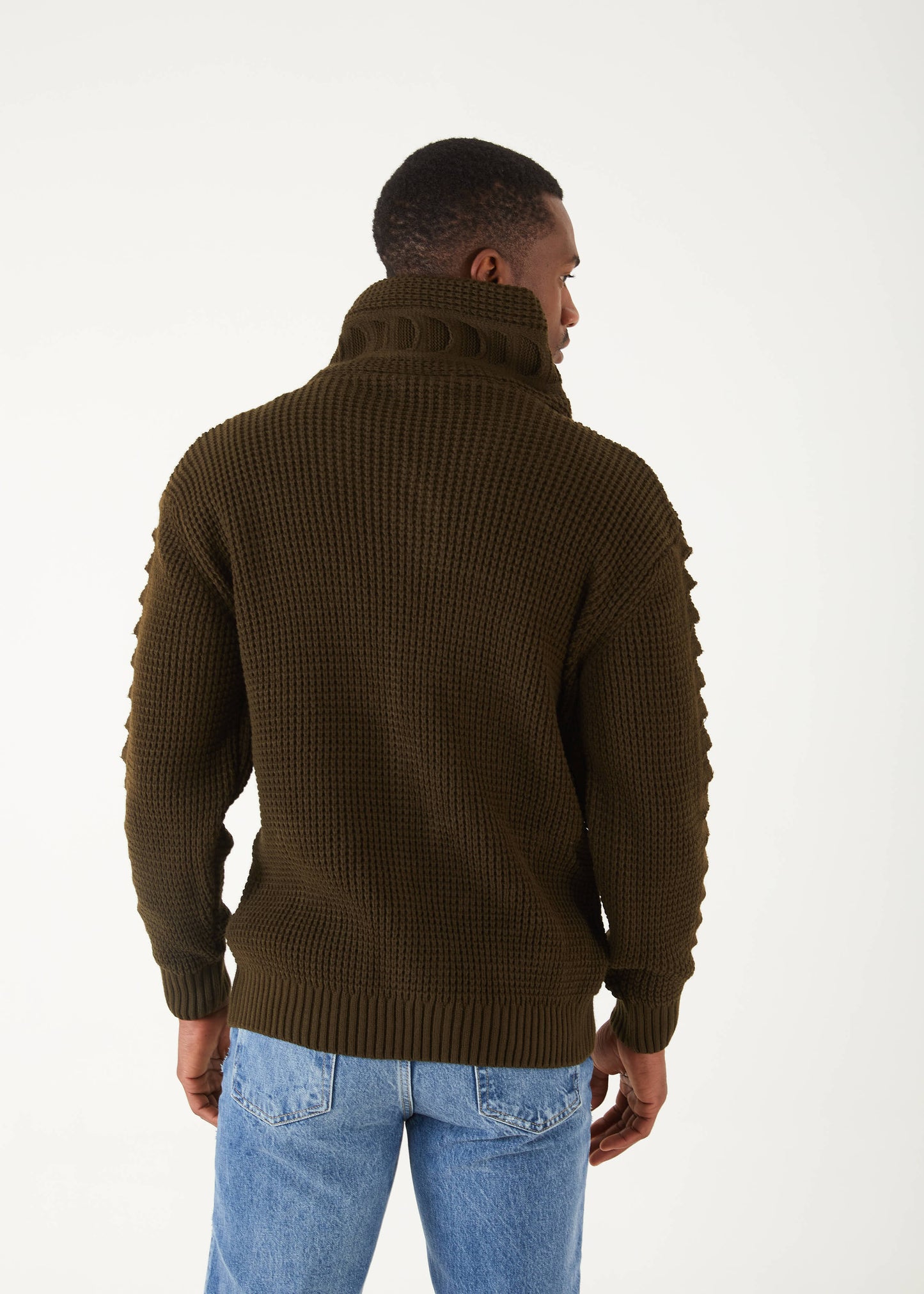 Men's Olive Button Up Sweater | Solid Striped