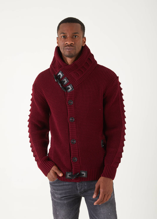 Men's Burgundy Button Up Sweater | Solid Striped