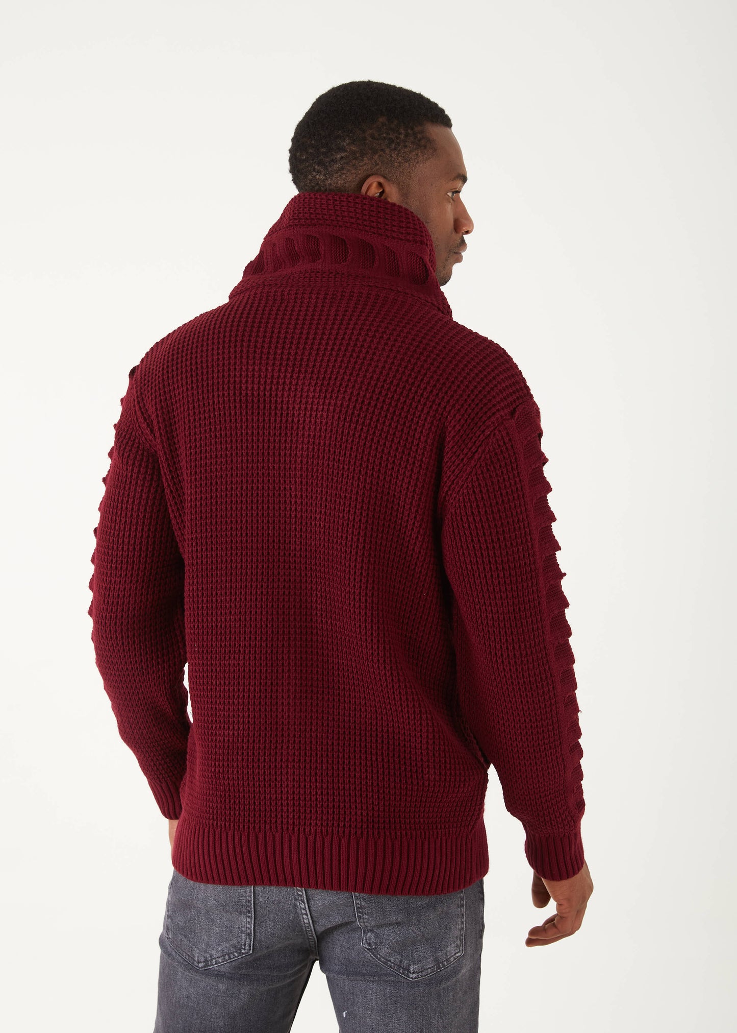 Men's Burgundy Button Up Sweater | Solid Striped